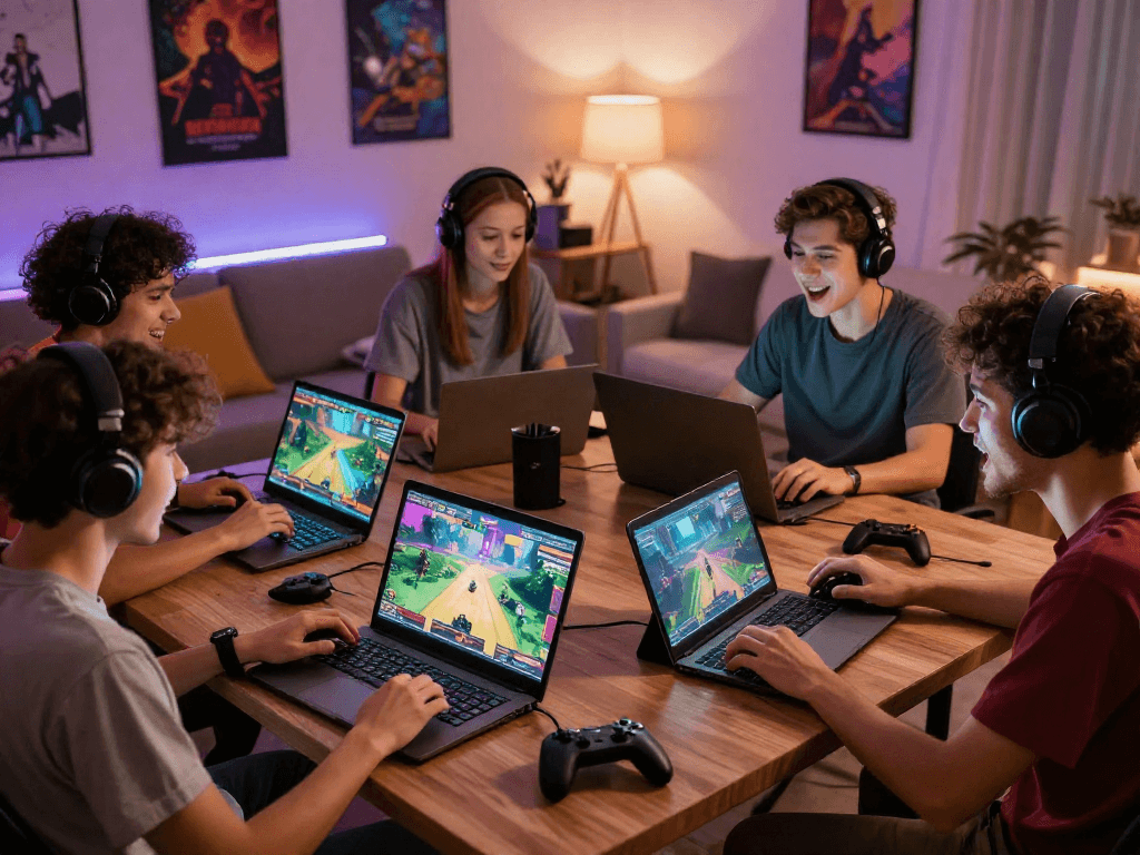 Excited gamers playing an adult game on various devices in a cozy living room.