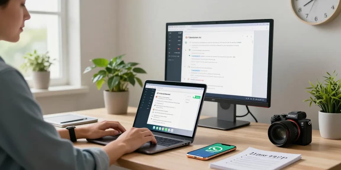 Person using WhatsApp電腦版 on a modern laptop in a bright home office
