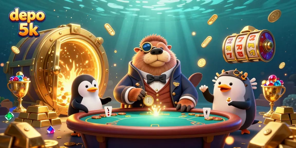 Experience the thrill of winning at depo 5k, where a joyful walrus and friends play slots and poker underwater.