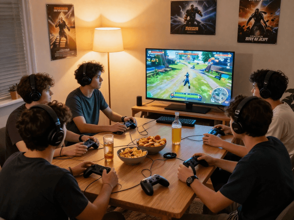 Group of gamers enjoying lemon 121 games in a cozy living room with snacks and consoles.