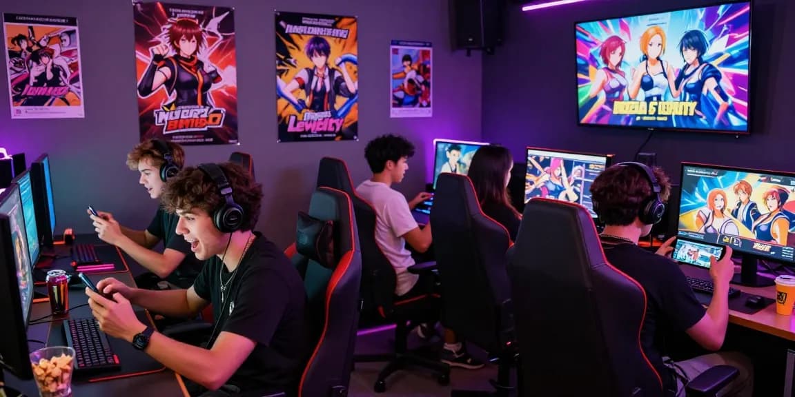 Group of gamers enjoying ecchi games in a vibrant gaming lounge with neon lights.