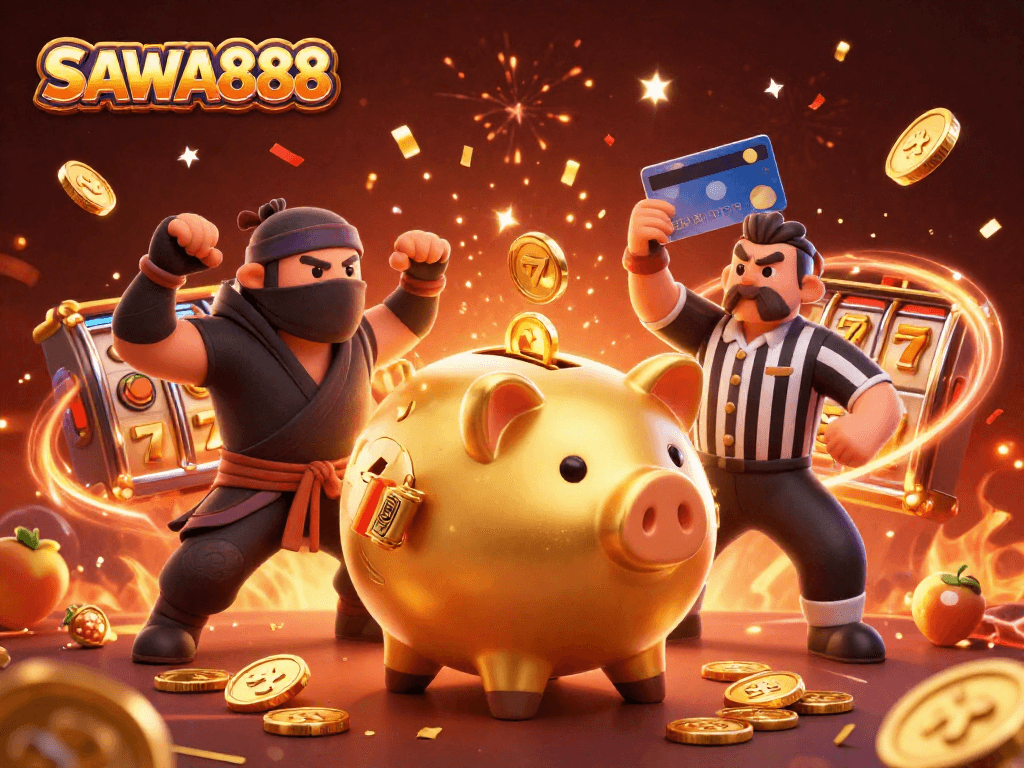 Experience the excitement at SAWA888 with a vibrant casino-themed 3D illustration featuring unique characters and gaming elements.