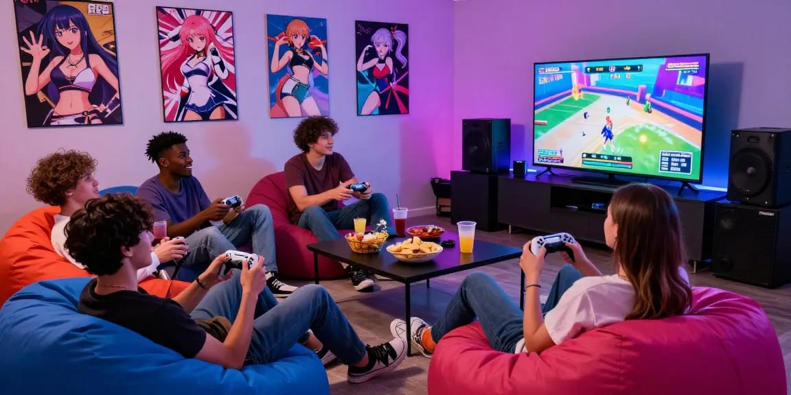 Friends playing ecchi games in a colorful gaming room with snacks and LED lights.