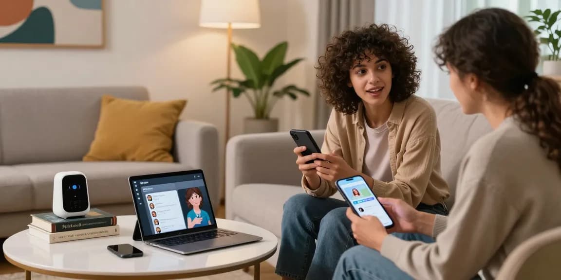 Engaging in AI sex chat on smartphones in a cozy lounge setting.