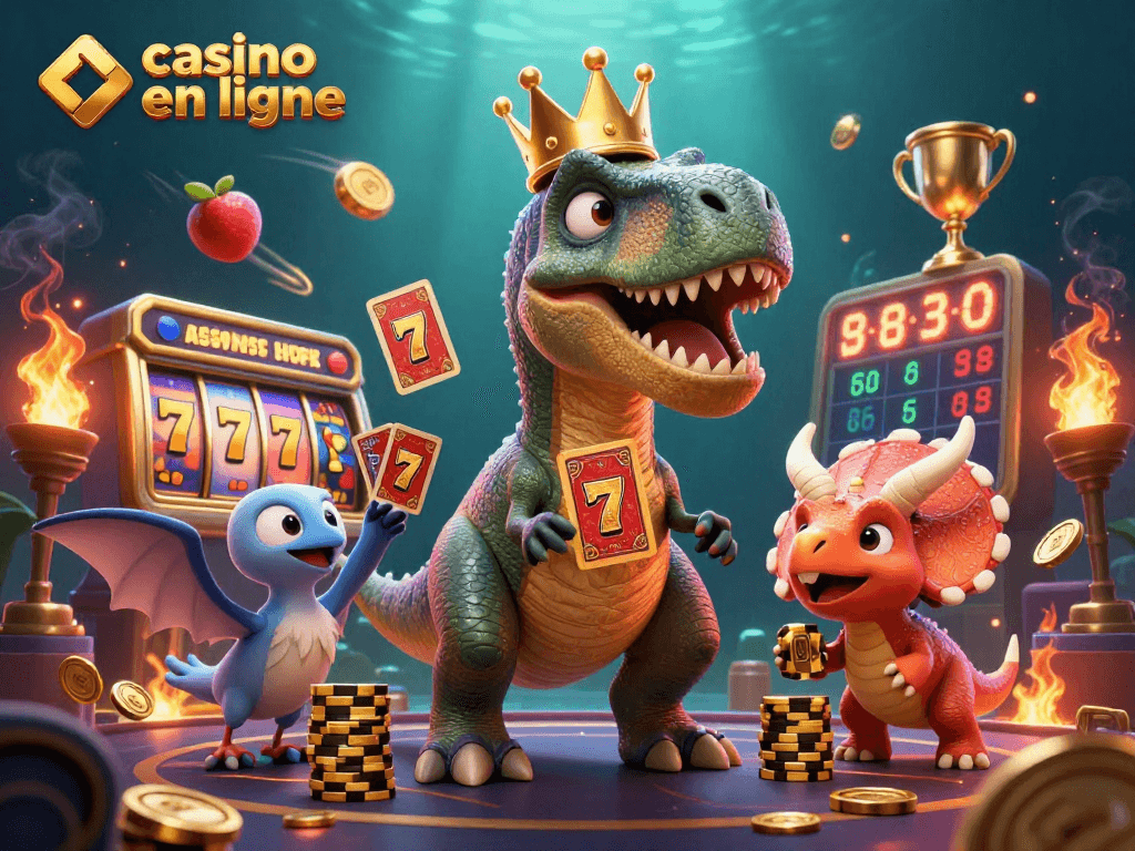 Jouez dans un casino en ligne avec ce T-Rex amusant et un triceratops empilant des jetons.