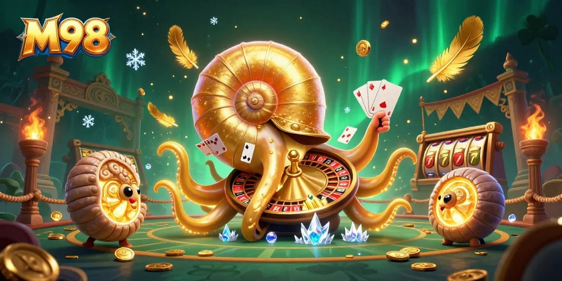 M98 offers thrilling slot action with a massive ancient nautilus roulette wheel and glowing companions.