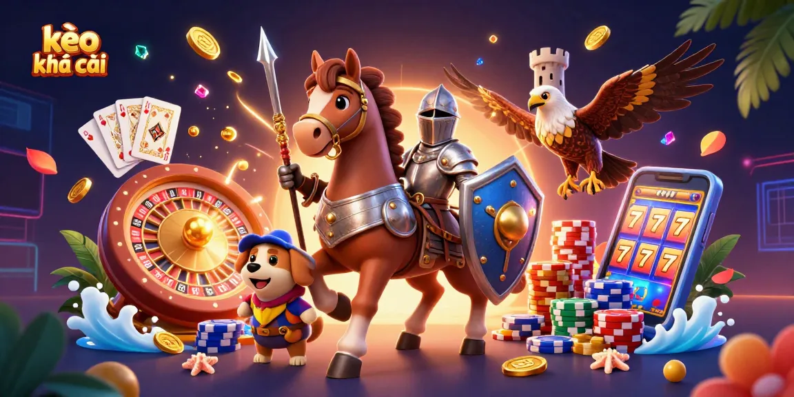 Bet on kèo nhà cái with a lively 3D scene featuring a knight, squires, and casino elements.