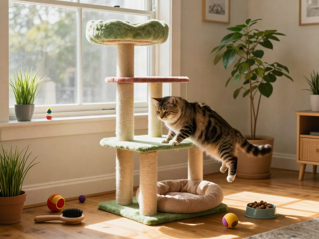 Playful cat tree setup with a fluffy tabby exploring multiple levels and colourful toys.