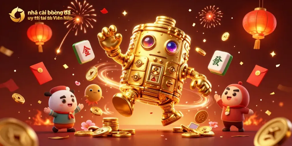 Engaging 3D illustration showcasing nhà cái bóng đá uy tín tại Việt Nam with festive casino elements and a golden golem centerpiece.