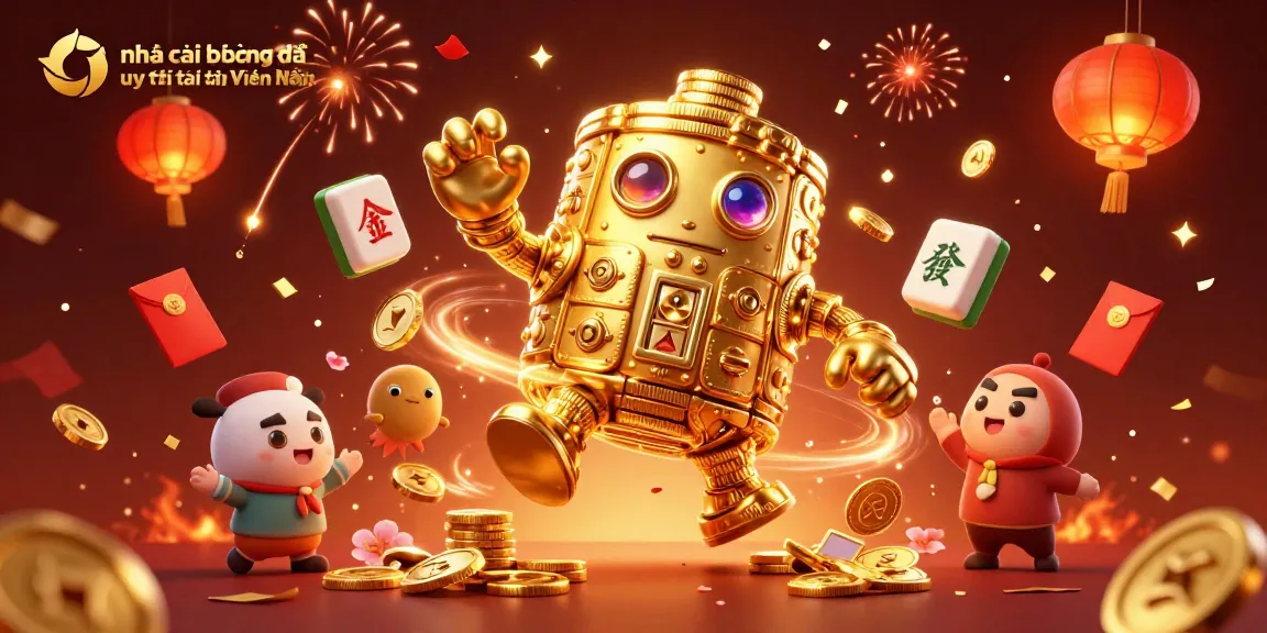 Engaging 3D illustration showcasing nhà cái bóng đá uy tín tại Việt Nam with festive casino elements and a golden golem centerpiece.
