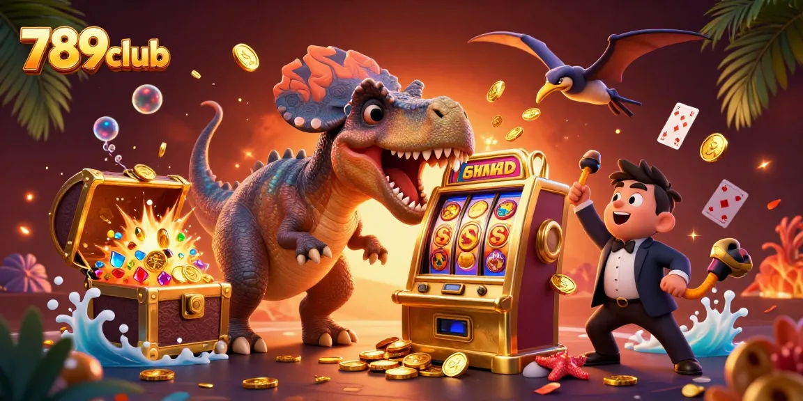 Experience the thrill of 789club with a vivid scene of dinosaurs in a vibrant casino setting.