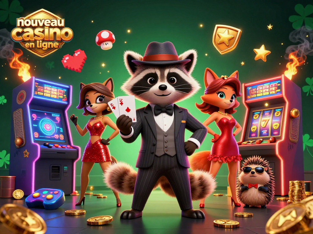 Le nouveau casino en ligne propose une illustration accrochante avec des personnages animés autour des jeux de casino.