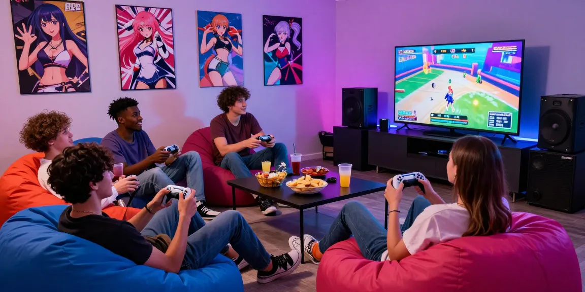 Friends playing ecchi games in a colorful gaming room with snacks and LED lights.