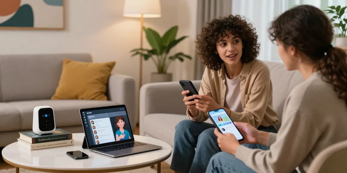 Engaging in AI sex chat on smartphones in a cozy lounge setting.