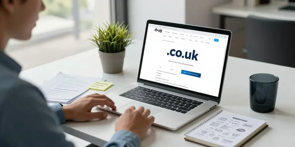 Register .co.uk domain name at a professional office setup with branding ideas.