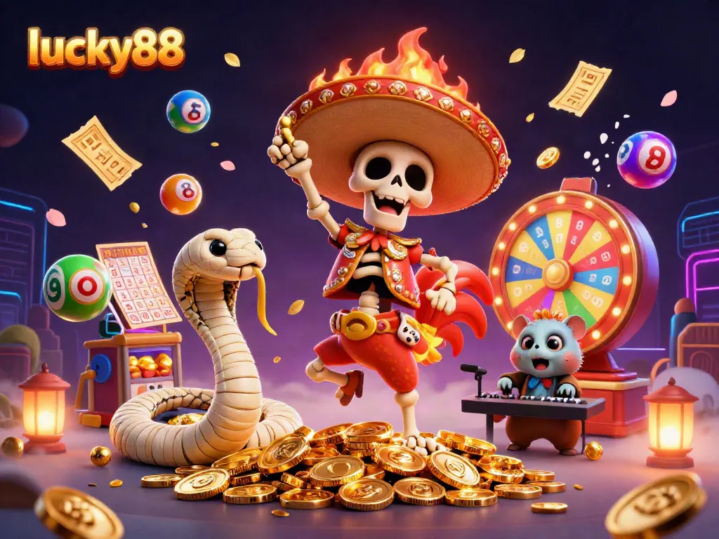 Experience lucky88 excitement with vibrant characters and casino elements in a dynamic celebration.