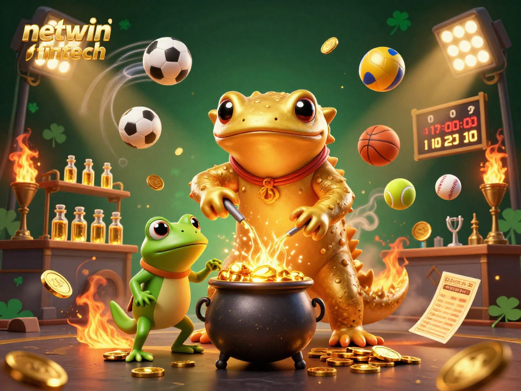 Bet on netwin fintech with a giant golden salamander in a vibrant casino scene.
