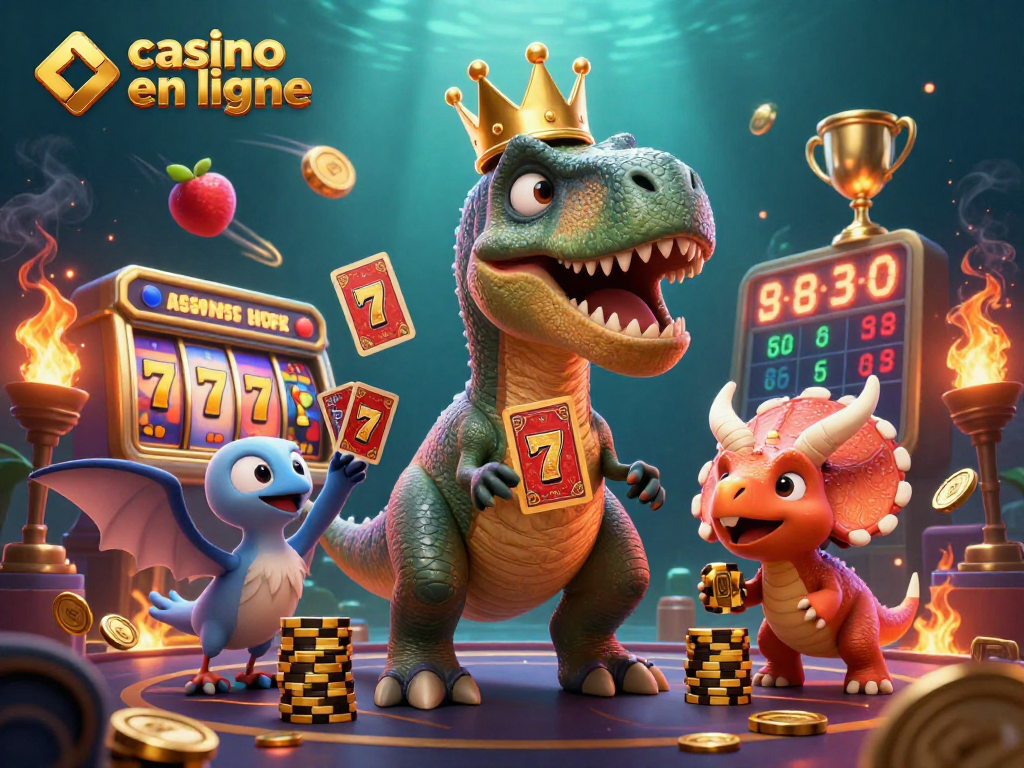 Jouez dans un casino en ligne avec ce T-Rex amusant et un triceratops empilant des jetons.