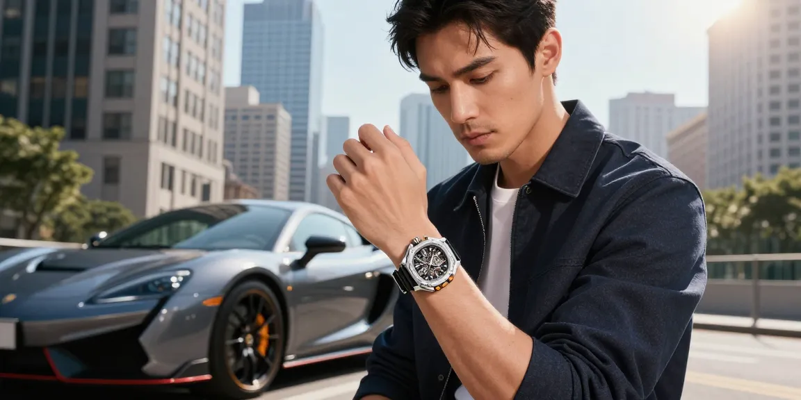 Stylish man showcasing clone watches in a modern urban setting with luxury backdrop
