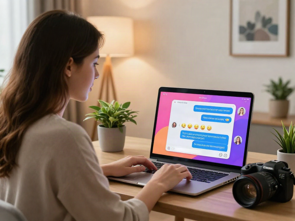 Engaging AI sex chat scene with flirty messages on a laptop in a cozy home office.