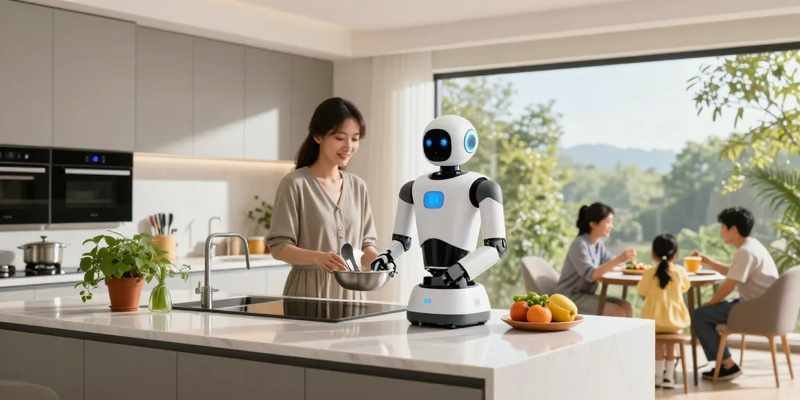 A family interacts with a home robot 2026 in a modern kitchen, showcasing advanced technology.