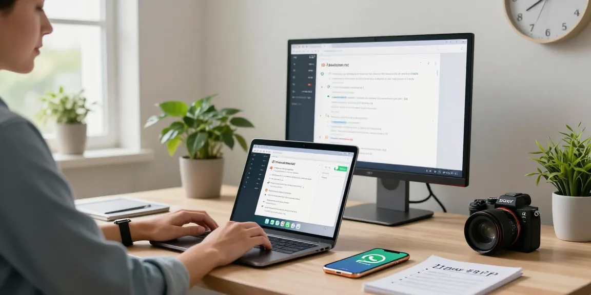 Person using WhatsApp電腦版 on a modern laptop in a bright home office
