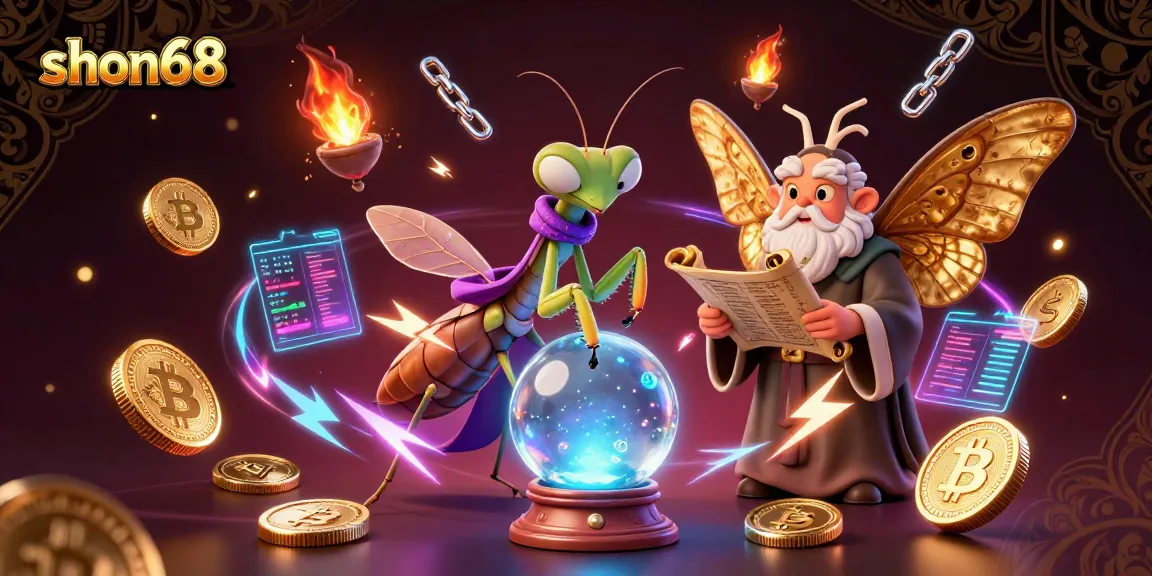 Experience the vibrant world of shon68 with a mystical fortune teller and glowing crypto coins.