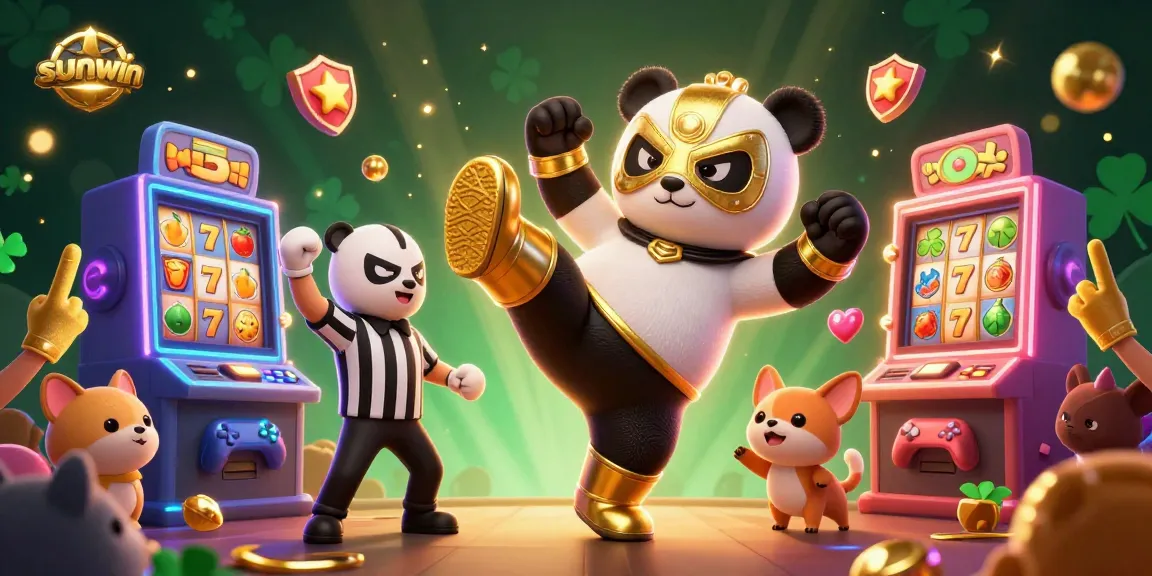Experience sunwin with a lively scene of a wrestling panda, referee chihuahua, and animal fans amidst colorful slot machines.