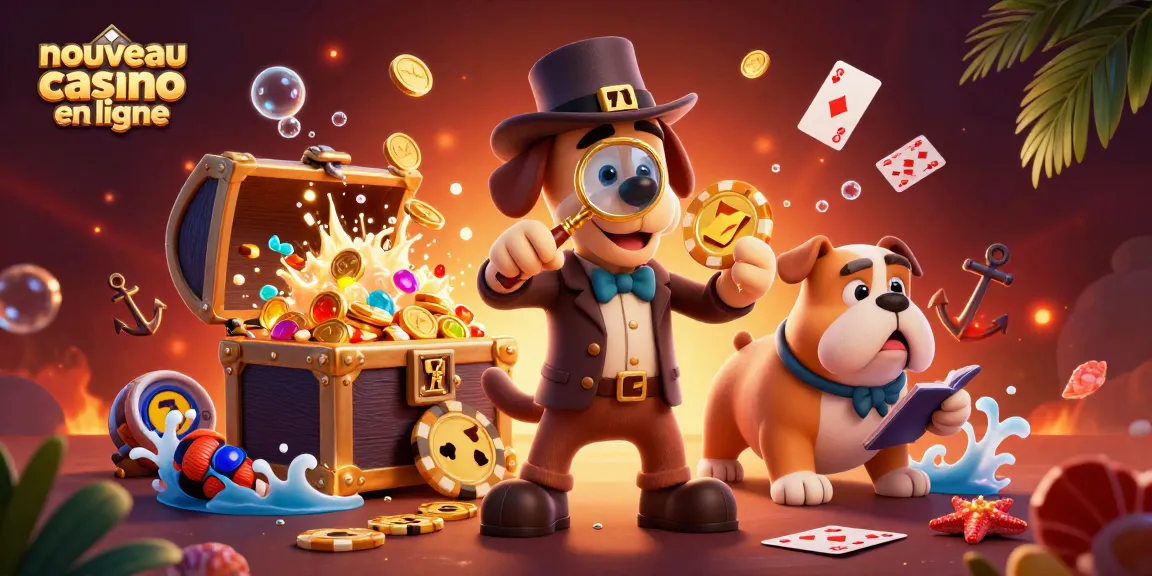 Analysez les offres des nouveaux casinos en ligne avec un chien détective examinant des jetons de poker dorés.