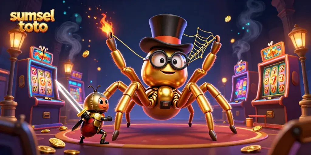 Engage with sumsel toto's vibrant slot adventure featuring a golden tarantula, beetle knight, and captivating background.