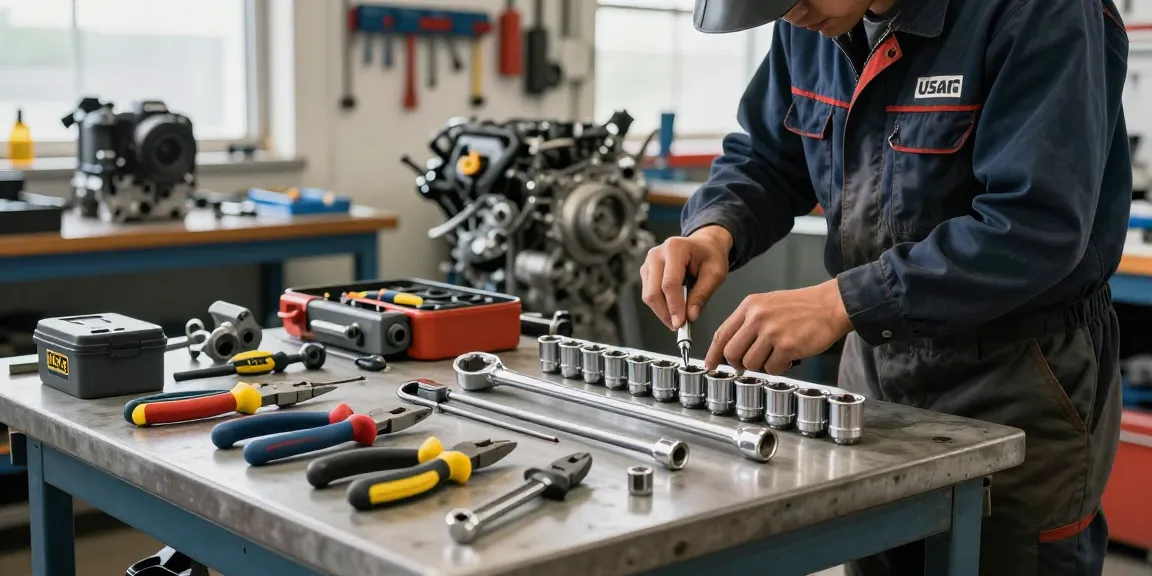 Technician using USAG tools on an automotive engine in a professional workshop setting.