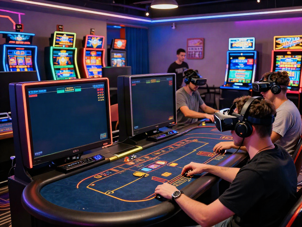 Engaged players at http://debet-onl.com enjoying a vibrant online gaming experience in a modern casino lounge.