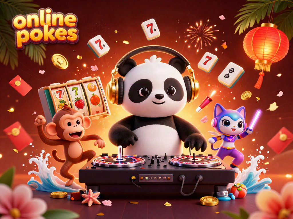 Exciting online pokies scene featuring a DJ panda and characters amidst vibrant game elements