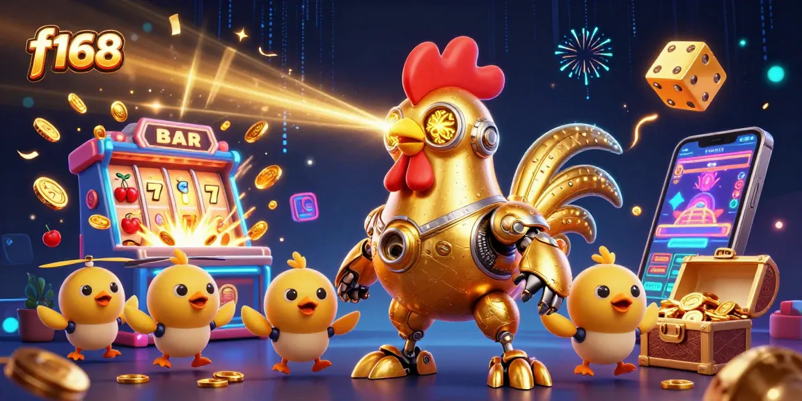 Engage with f168's dynamic casino experience through a lively scene with robots and jackpots.