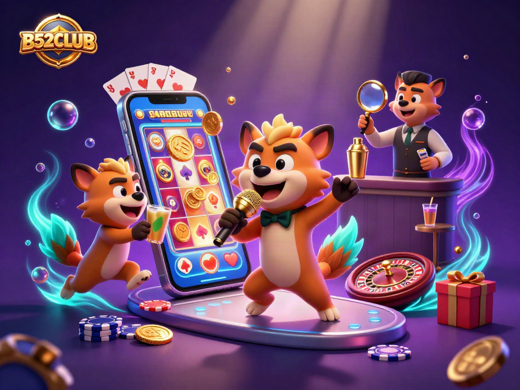 B52CLUB hyena comedians spark laughter at a vibrant casino with slot games and drinks.