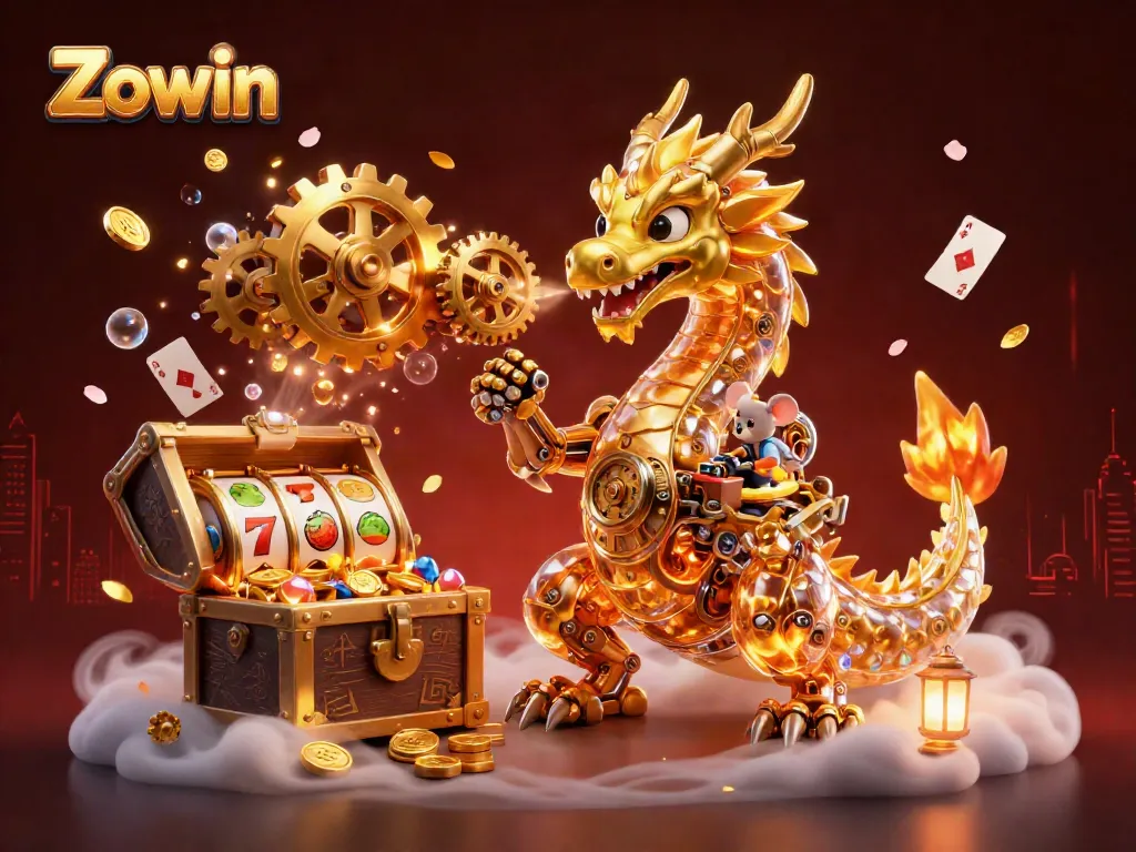 Zowin brings excitement with a golden dragon, vibrant treasures, and slot reels in a dynamic casino illustration.