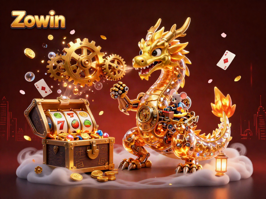 Zowin brings excitement with a golden dragon, vibrant treasures, and slot reels in a dynamic casino illustration.