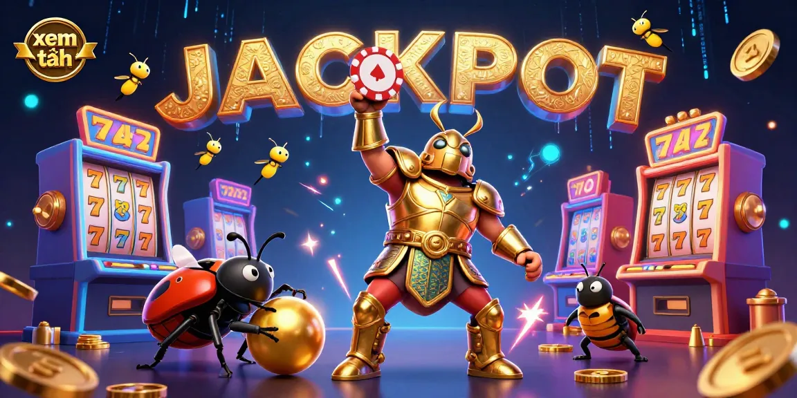 xem thêm highlights a victorious beetle lifting a poker chip among vibrant casino elements.