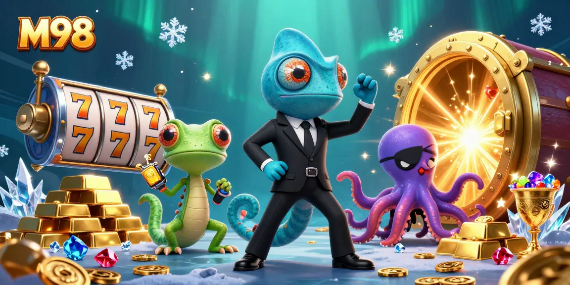 M98 slot game illustration featuring a colorful scene with a chameleon, gecko, and octopus surrounded by gold and gems.